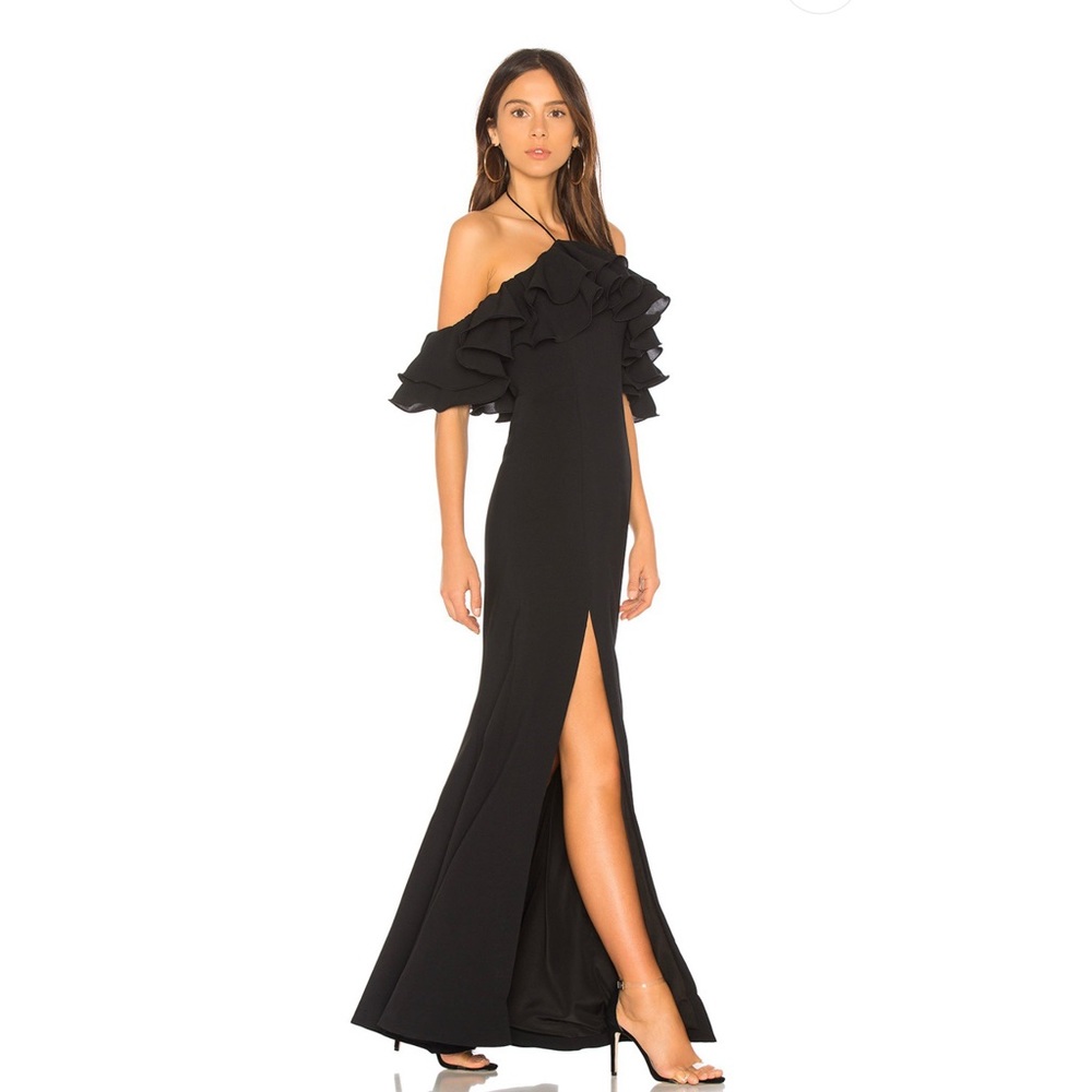 Black off-shoulder halter gown